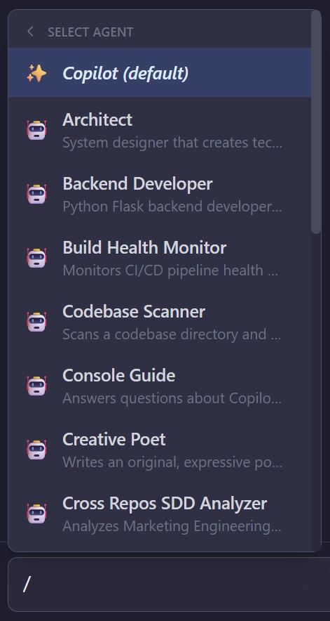 Agent picker via /agent slash command