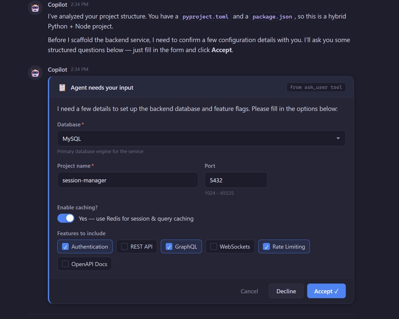 Agent asking the user a structured question mid-conversation