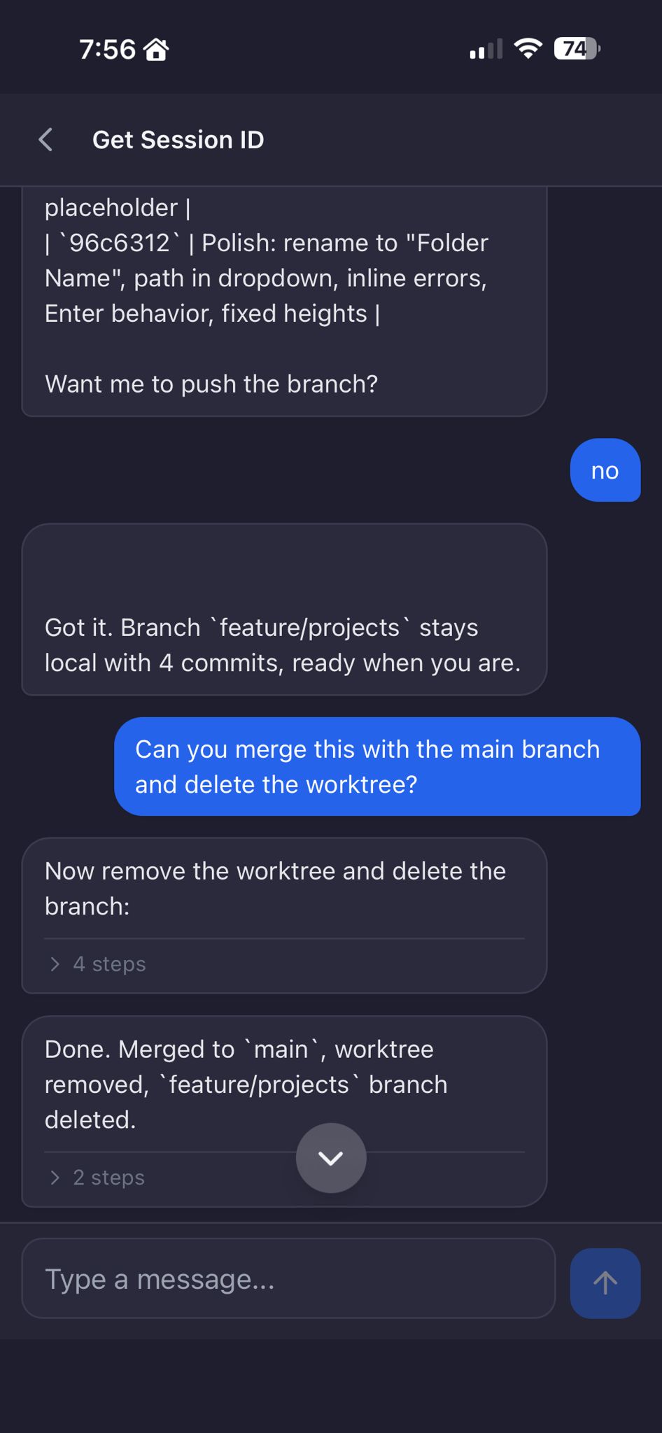 Chat conversation on mobile