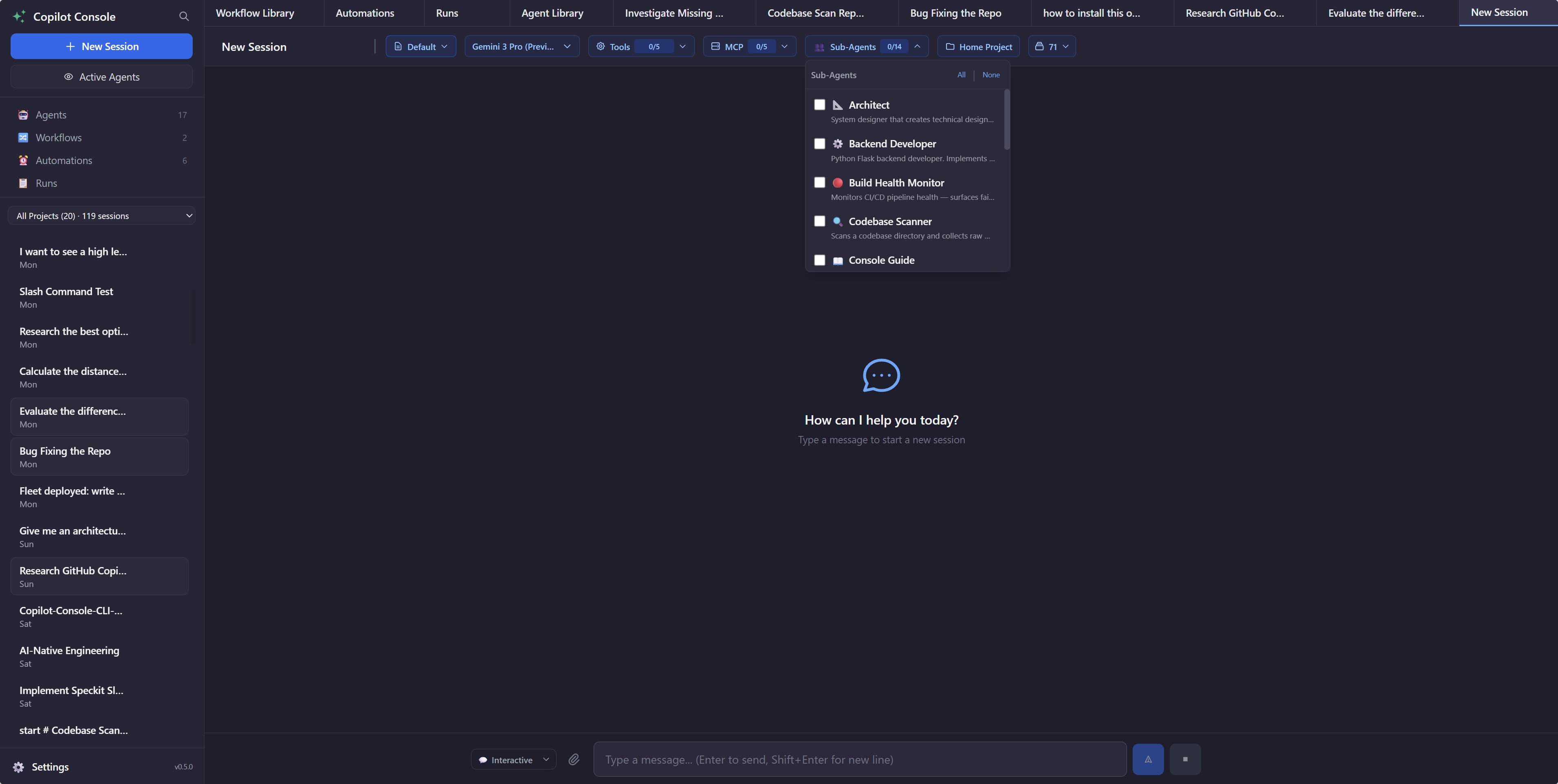 Multi-session management with agent library and session tabs