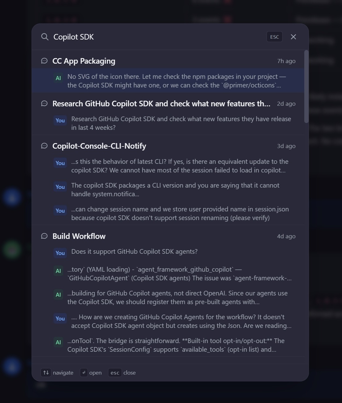 Cross-session search with keyword highlighting