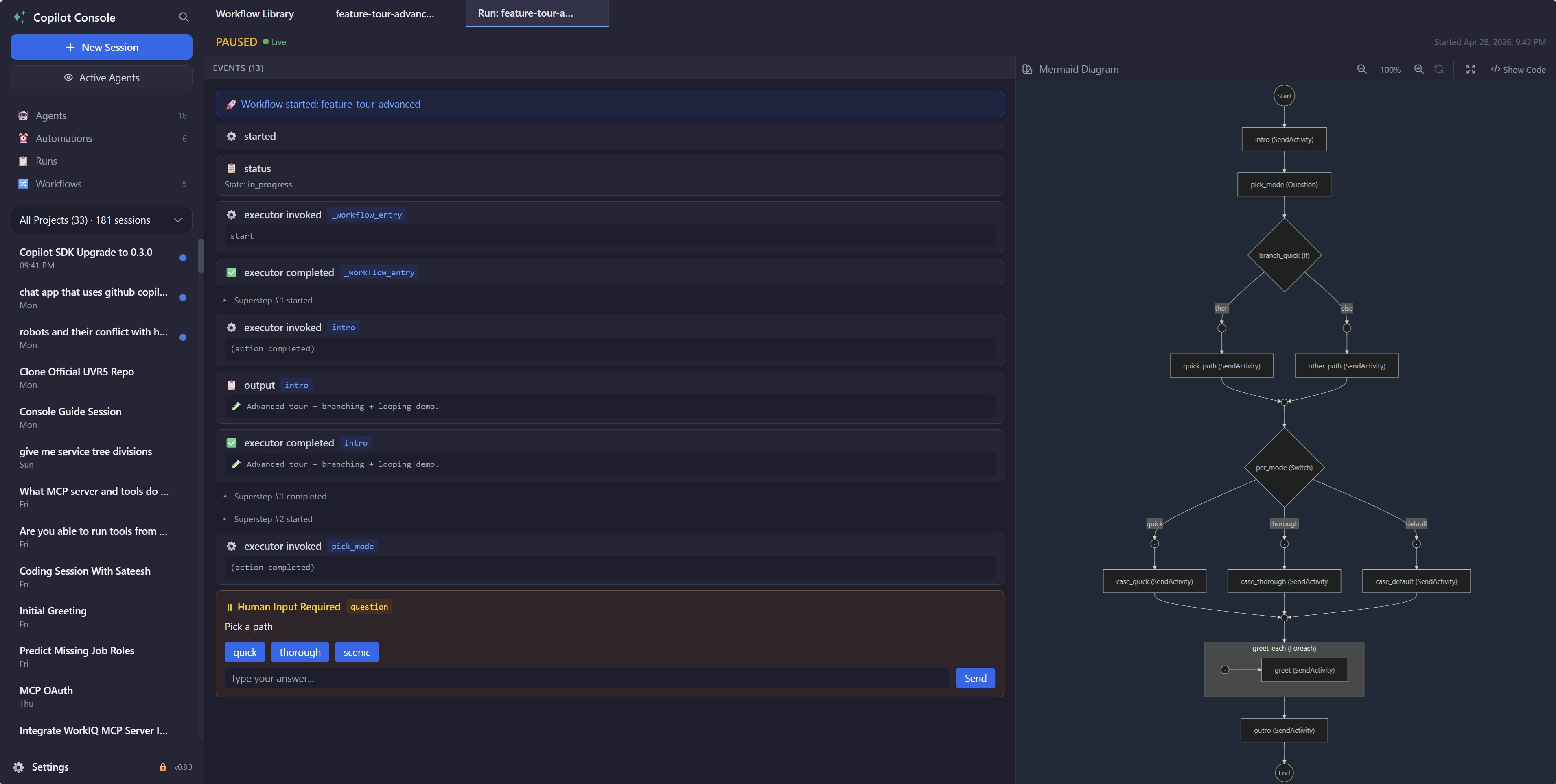 Workflow run with Mermaid diagram and event stream